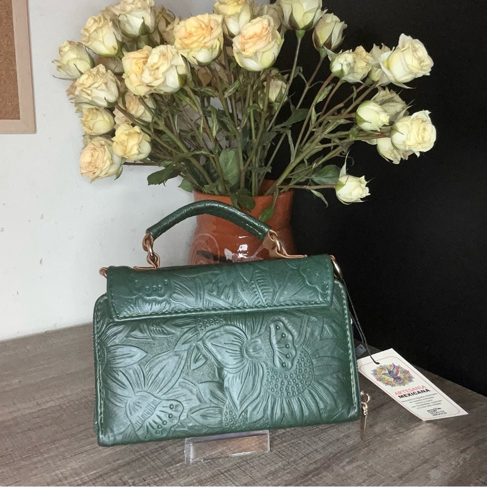 Green Embossed Floral Leather Satchel - Top Handle Crossbody - Picture 4 of 4